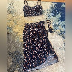 Xhilaration Navy Floral Crop Top and Skirt